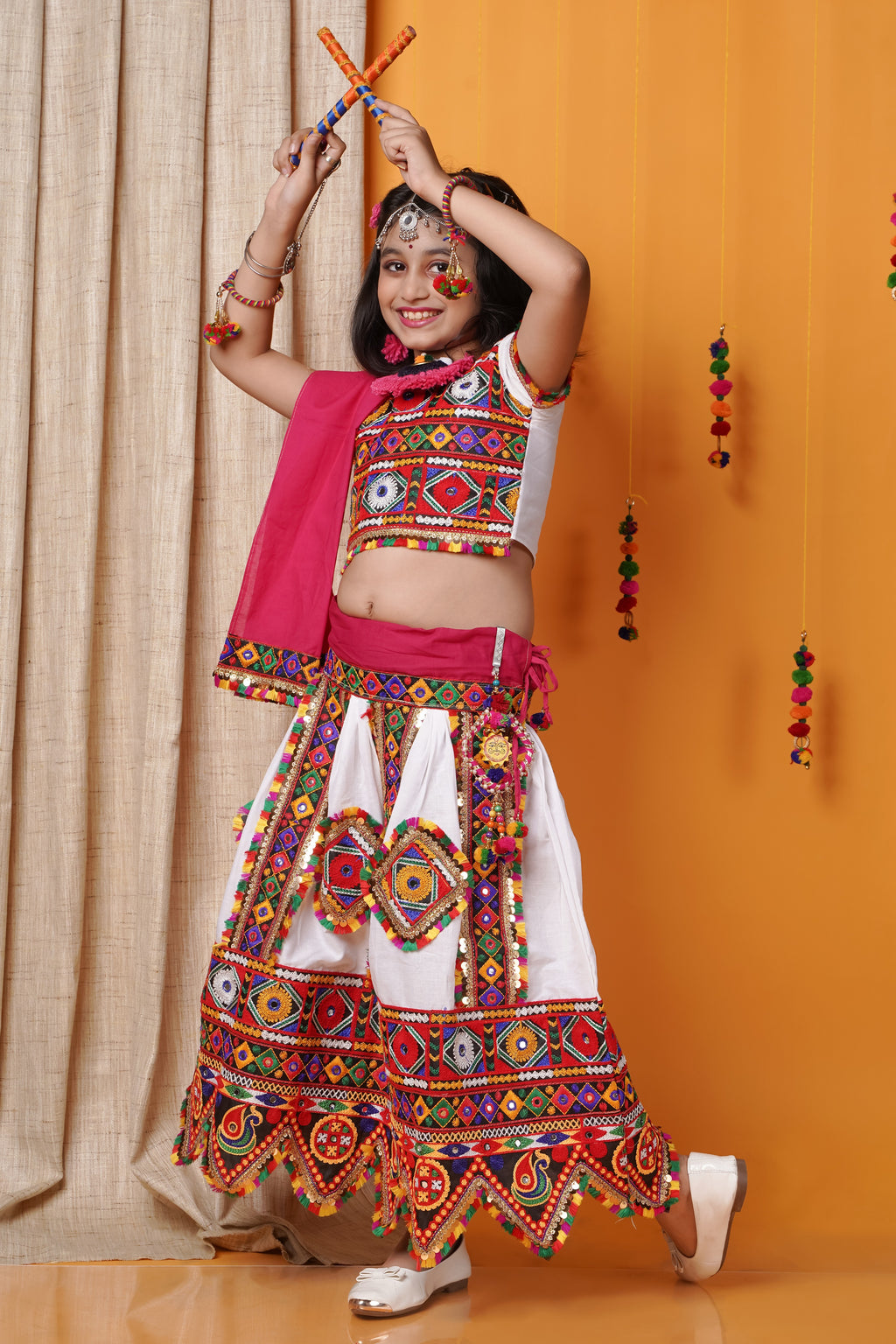 Banjara India Kutchi Emboidered Black Girls Chaniya Choli with Dupatta (CC-PTW) - White