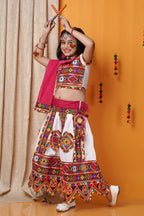 Banjara India Kutchi Emboidered Black Girls Chaniya Choli with Dupatta (CC-PTW) - White