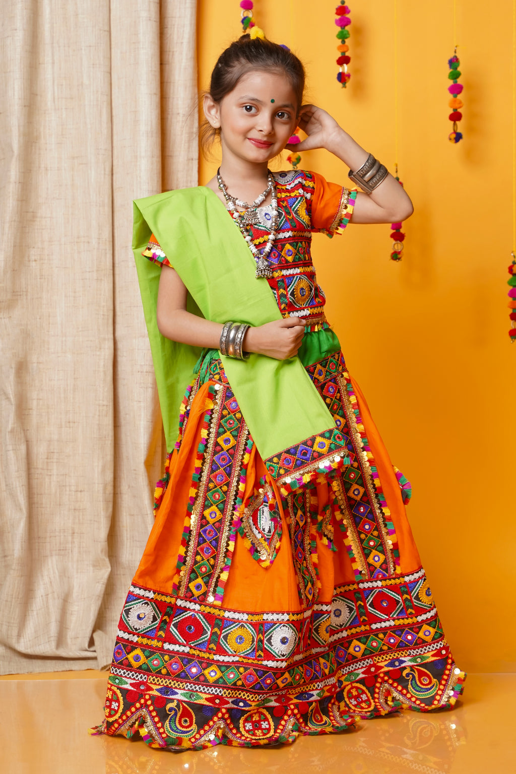 Banjara India Kutchi Emboidered Black Girls Chaniya Choli with Dupatta (CC-PTW) - Orange