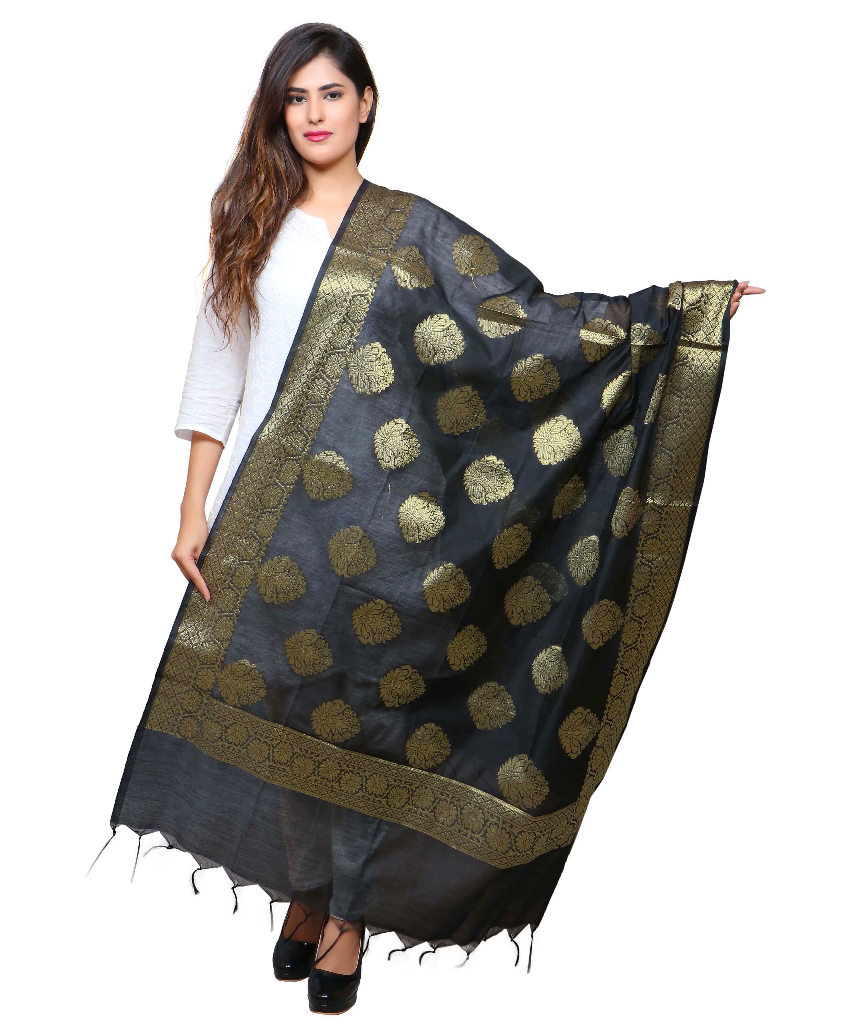 Banarasi Kora Silk Alia Butti Dupatta- Black