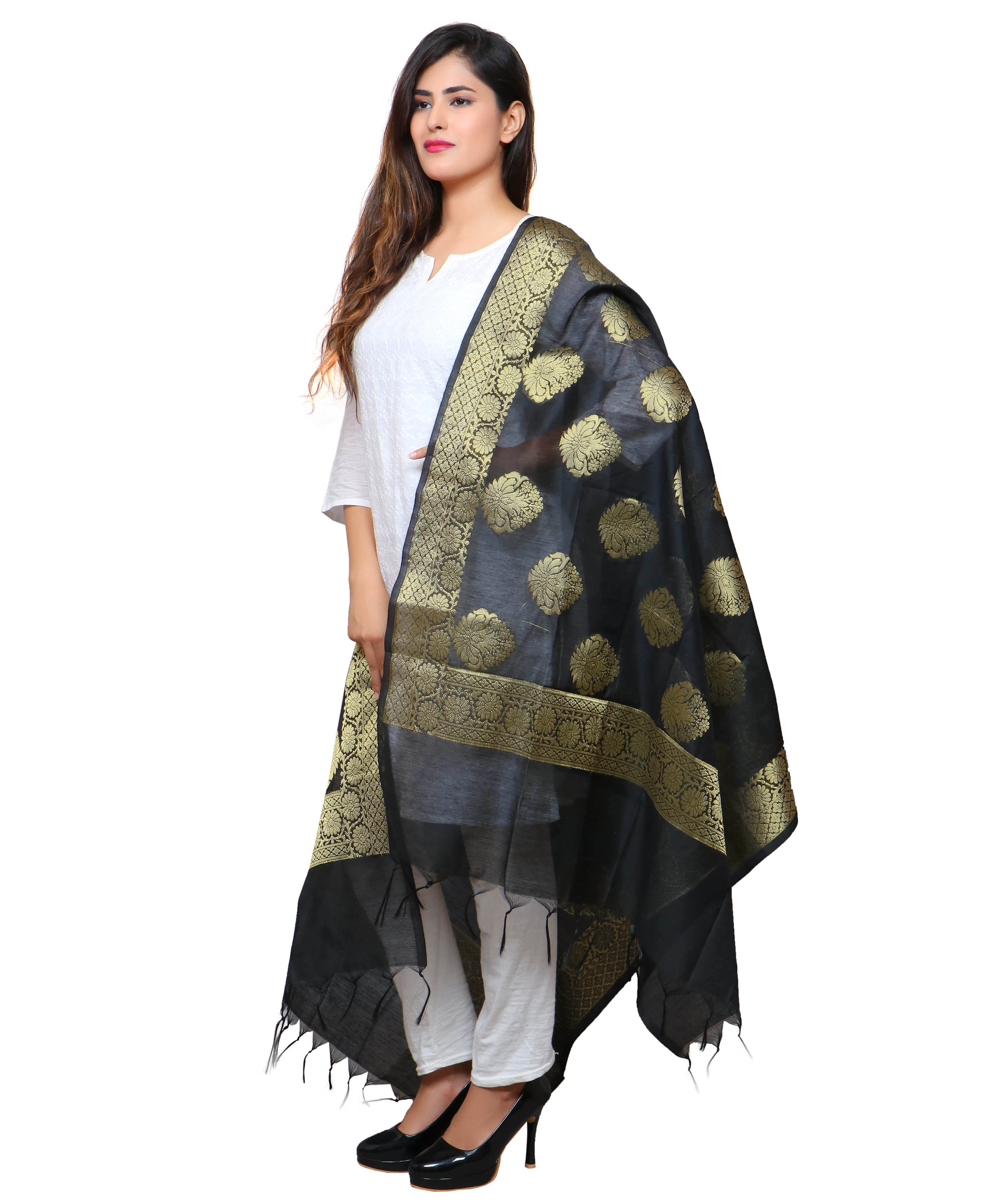Banarasi Kora Silk Alia Butti Dupatta- Black