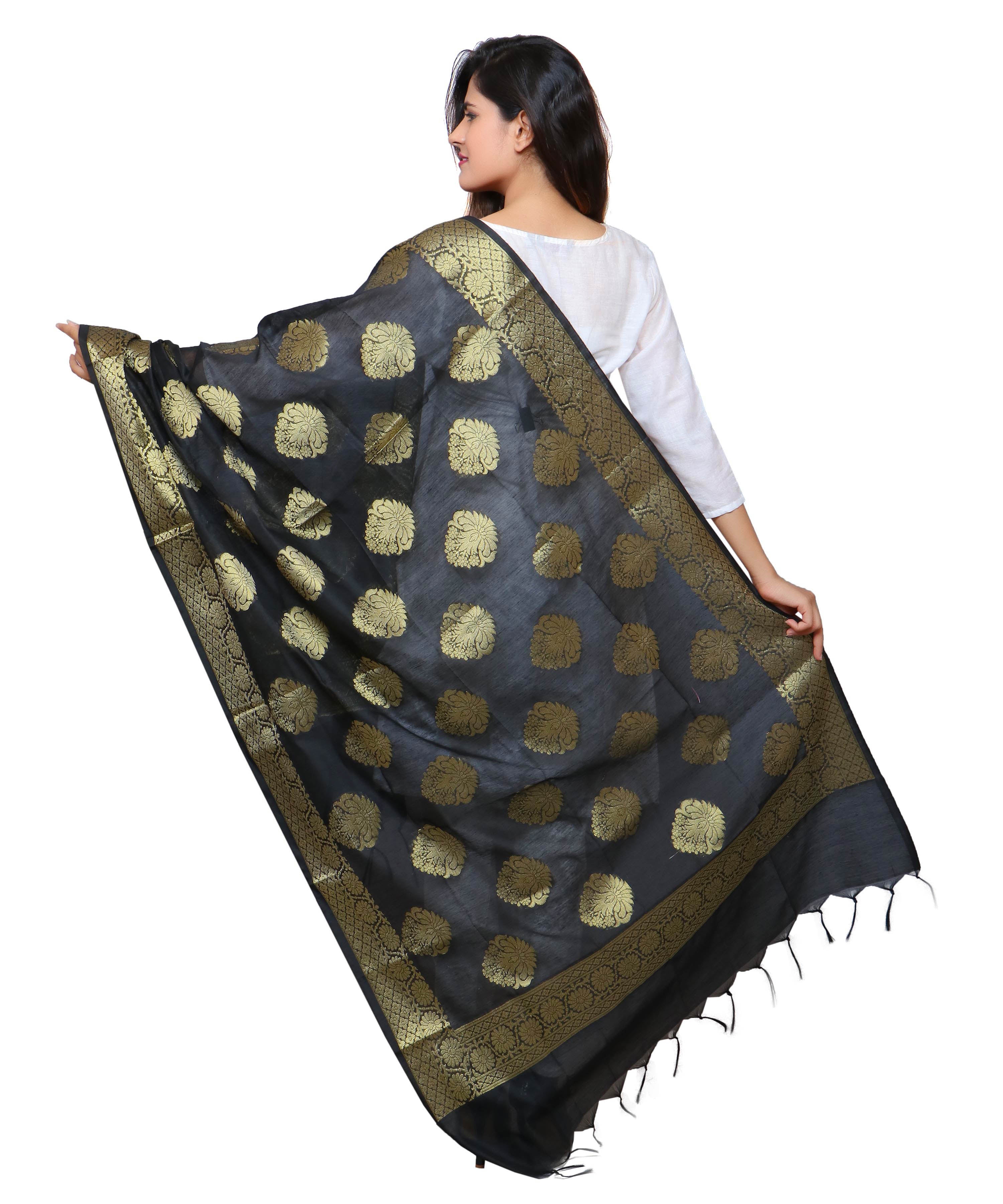 Banarasi Kora Silk Alia Butti Dupatta- Black