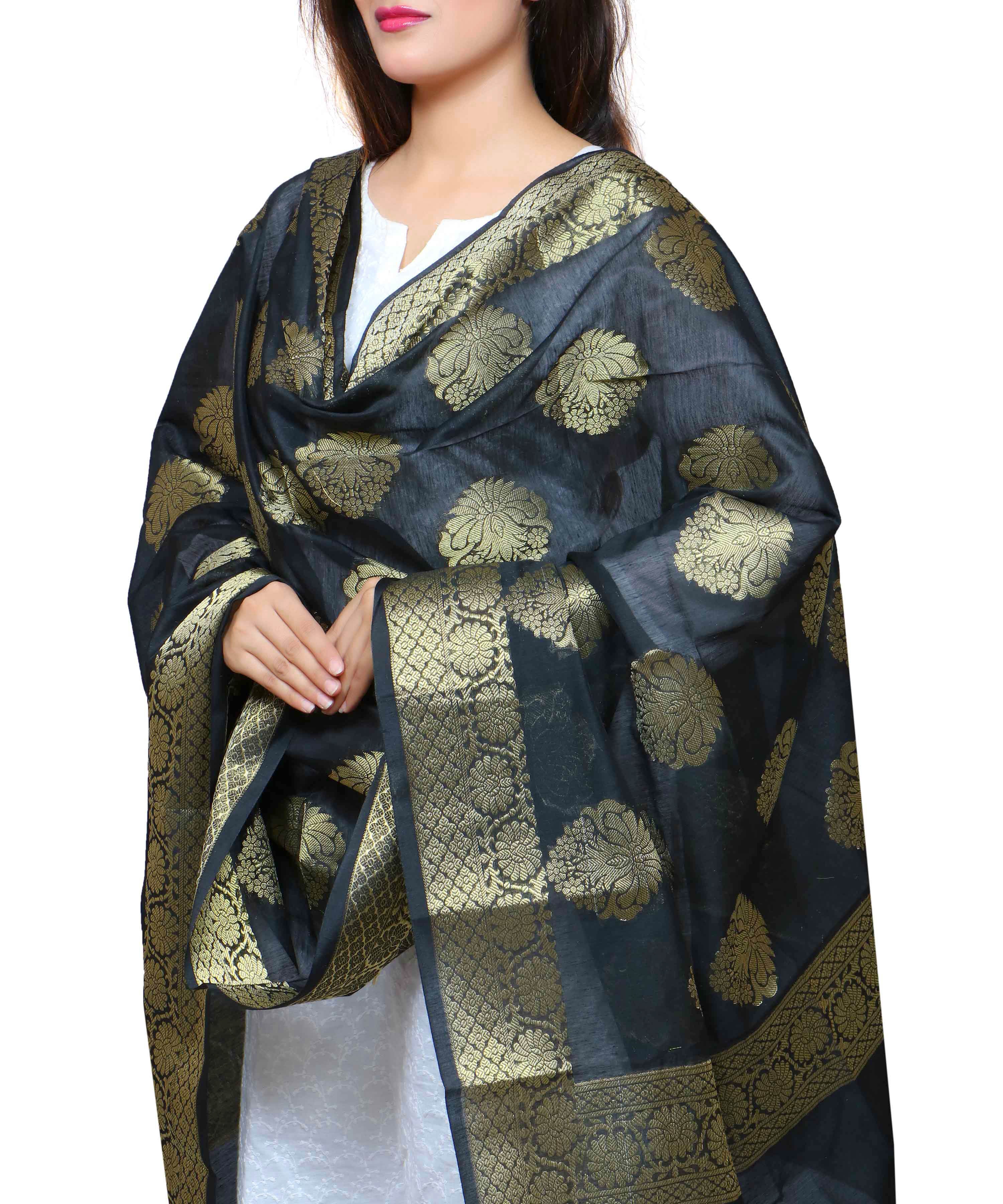 Banarasi Kora Silk Alia Butti Dupatta- Black