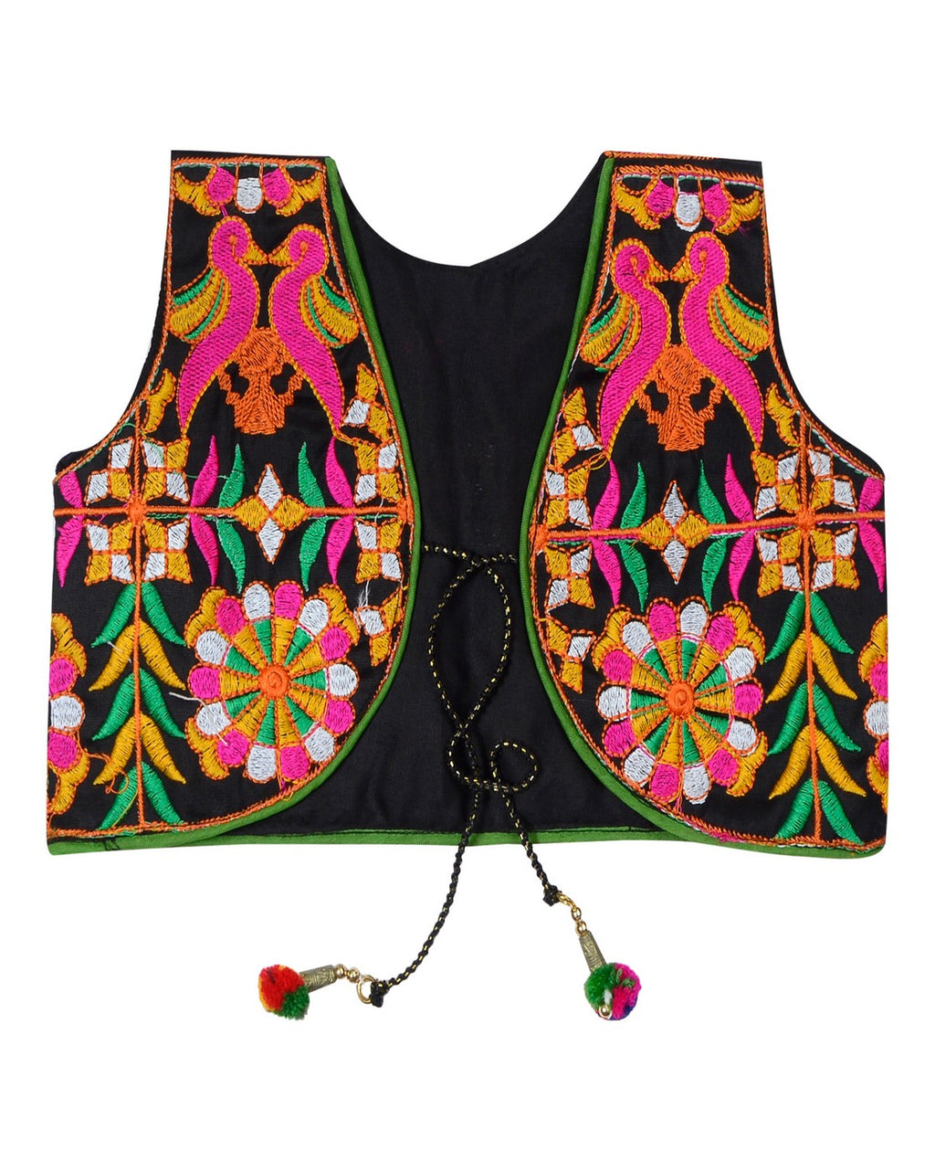Bird Embroidered Kids Ethnic Jacket - Black