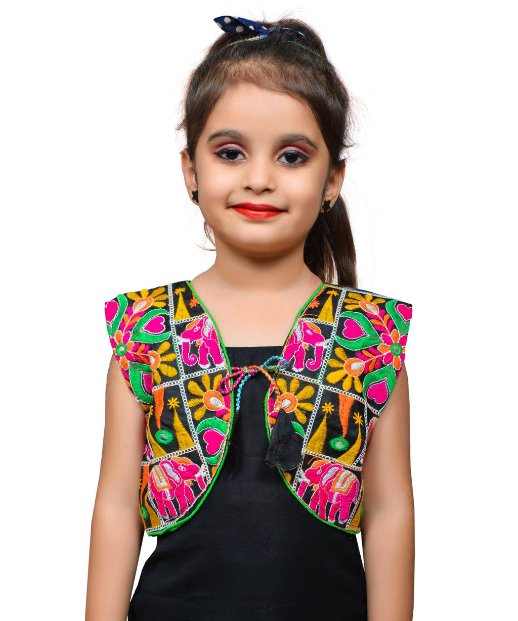 Black Haathi Embroidered Jacket For Kids