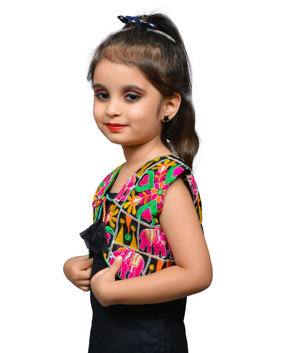Black Haathi Embroidered Jacket For Kids