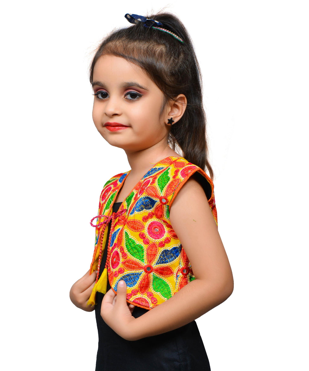 Yellow Flower Embroidered Jacket For Kids