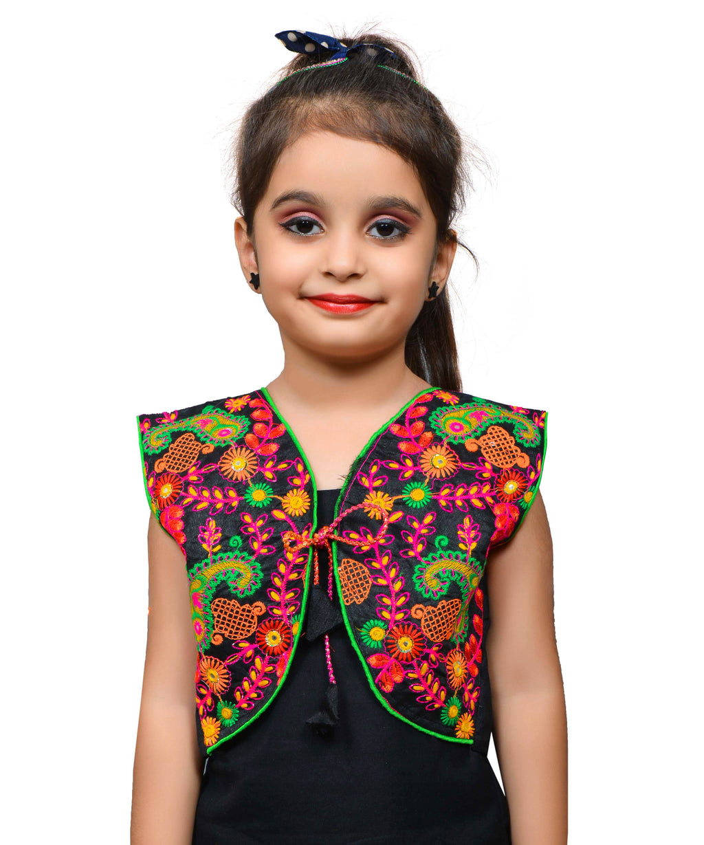 Black Keri Allover Embroidered Jacket For Kids