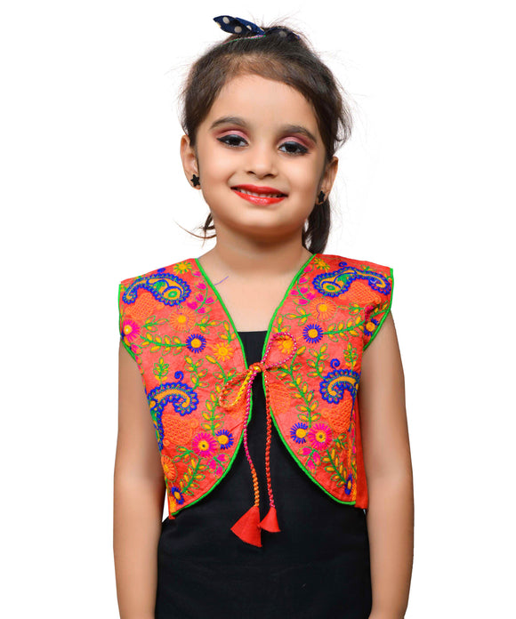 Red Keri Allover Embroidered Jacket For Kids