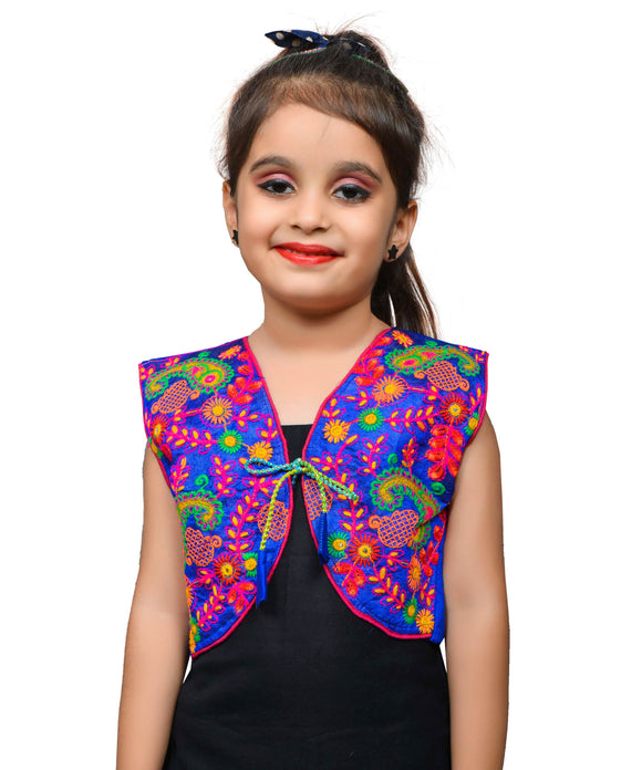 Blue Keri Allover Embroidered Jacket For Kids