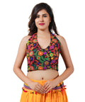 Embroidered Multicoloured Kutch Work Sleeveless Halter Blouse-Black