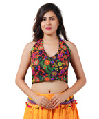 Embroidered Multicoloured Kutch Work Sleeveless Halter Blouse-Black