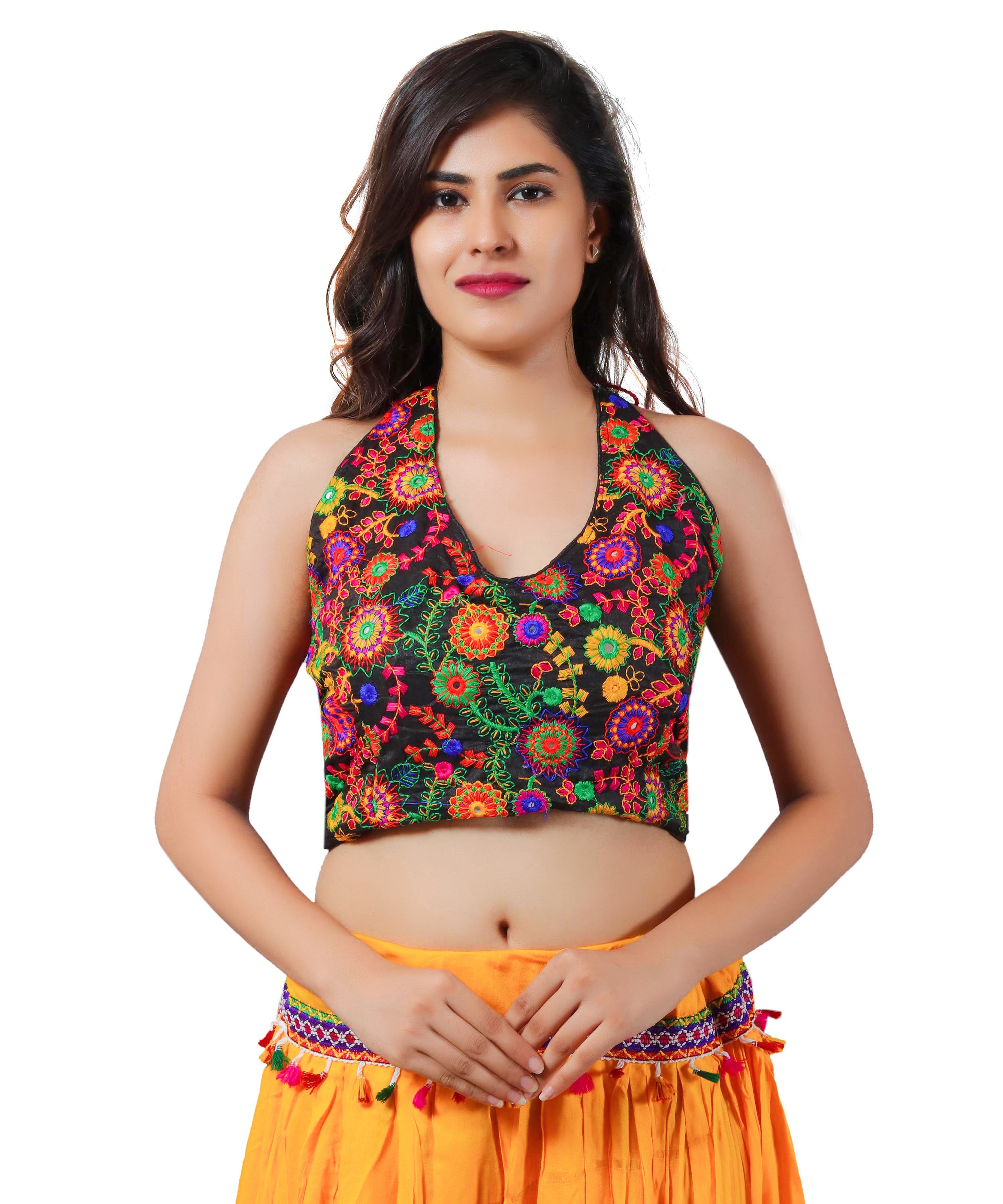 Embroidered Multicoloured Kutch Work Sleeveless Halter Blouse-Black