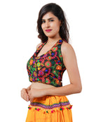Embroidered Multicoloured Kutch Work Sleeveless Halter Blouse-Black