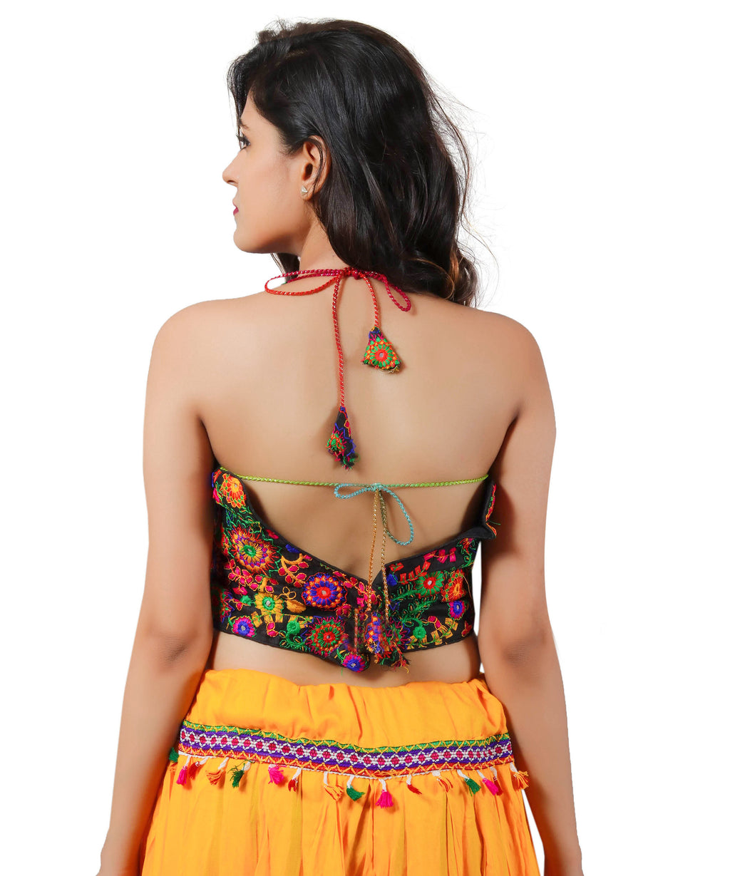 Embroidered Multicoloured Kutch Work Sleeveless Halter Blouse-Black