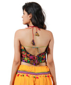 Embroidered Multicoloured Kutch Work Sleeveless Halter Blouse-Black