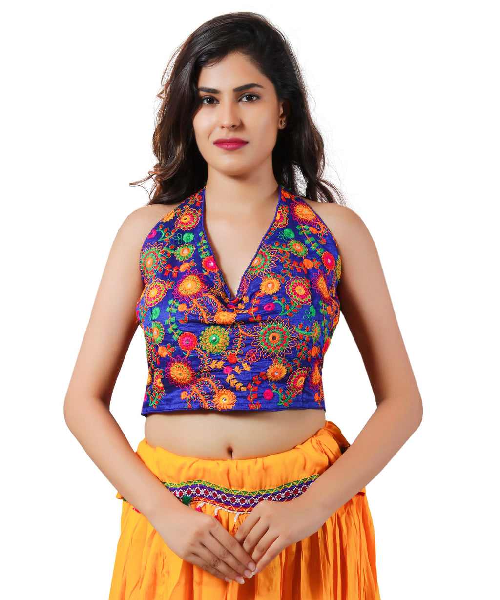 Embroidered Multicoloured Kutch Work Sleeveless Halter Blouse-Blue