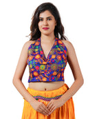 Embroidered Multicoloured Kutch Work Sleeveless Halter Blouse-Blue