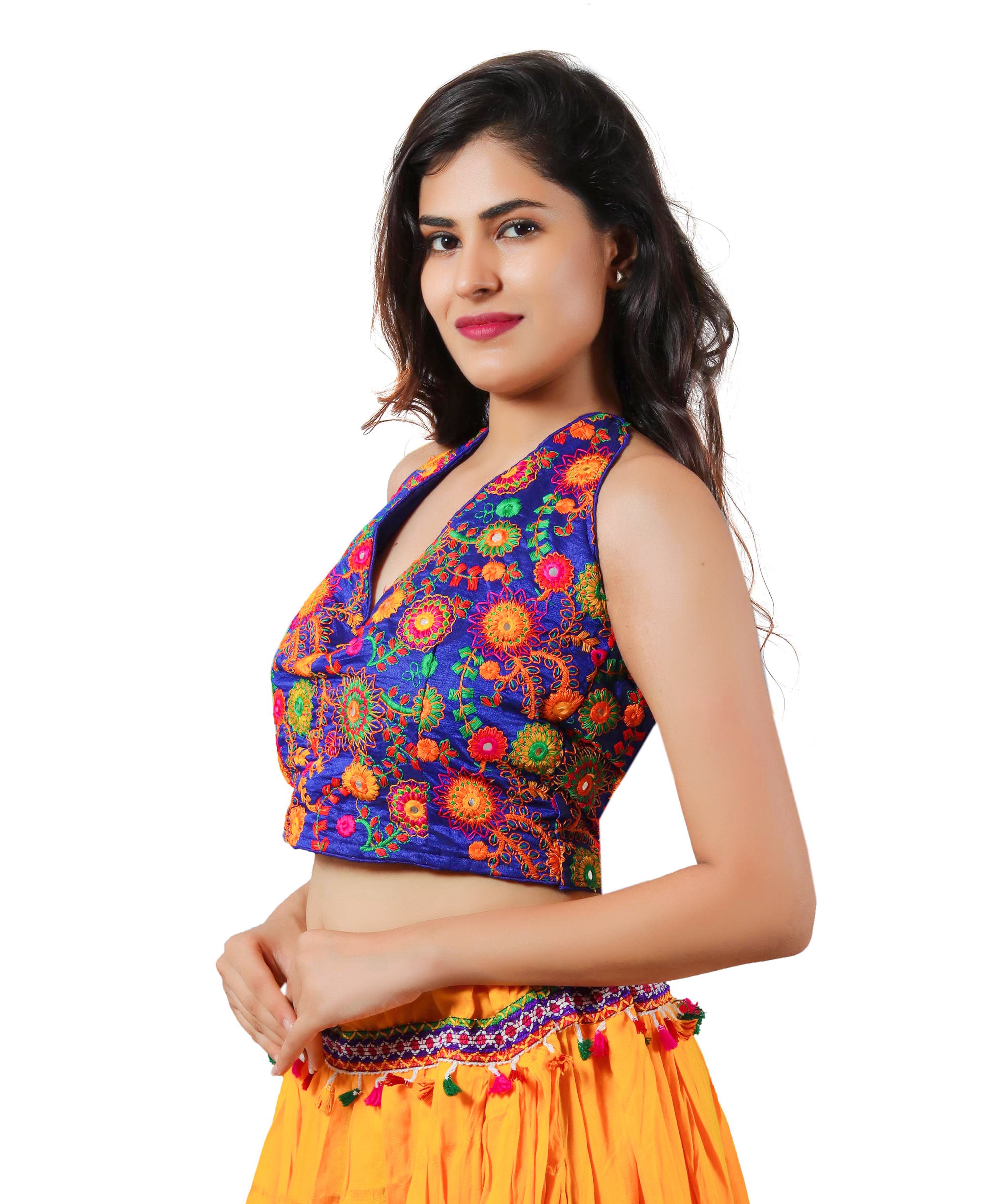 Embroidered Multicoloured Kutch Work Sleeveless Halter Blouse-Blue