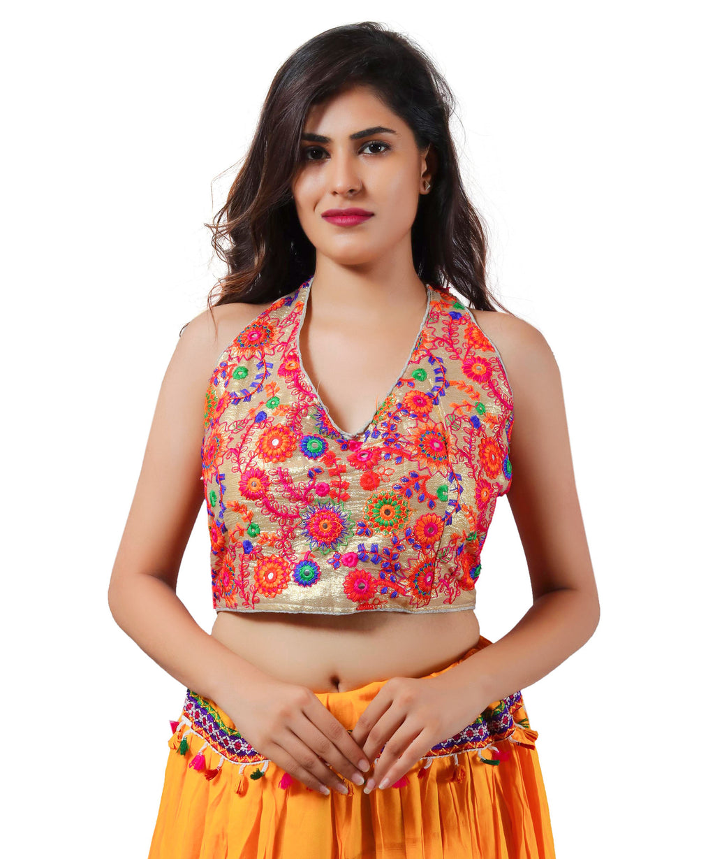 Embroidered Multicoloured Kutch Work Sleeveless Halter Blouse-Gold