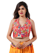 Embroidered Multicoloured Kutch Work Sleeveless Halter Blouse-Gold