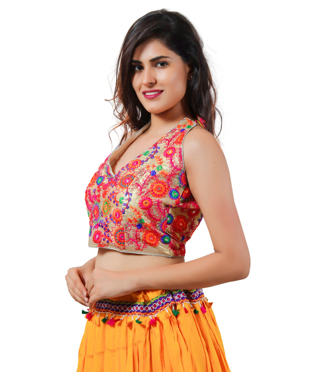 Embroidered Multicoloured Kutch Work Sleeveless Halter Blouse-Gold