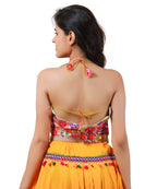 Embroidered Multicoloured Kutch Work Sleeveless Halter Blouse-Gold
