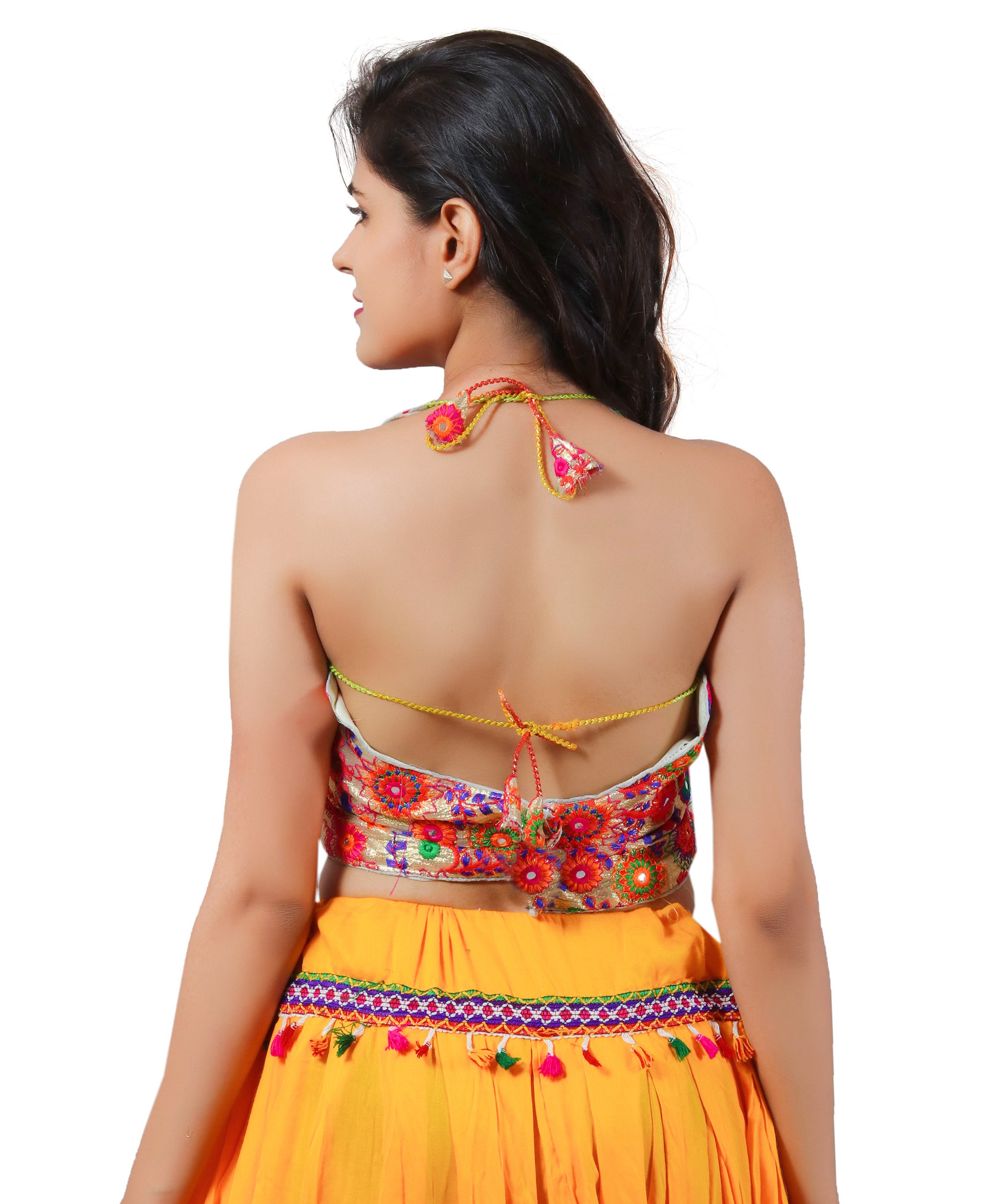 Embroidered Multicoloured Kutch Work Sleeveless Halter Blouse-Gold