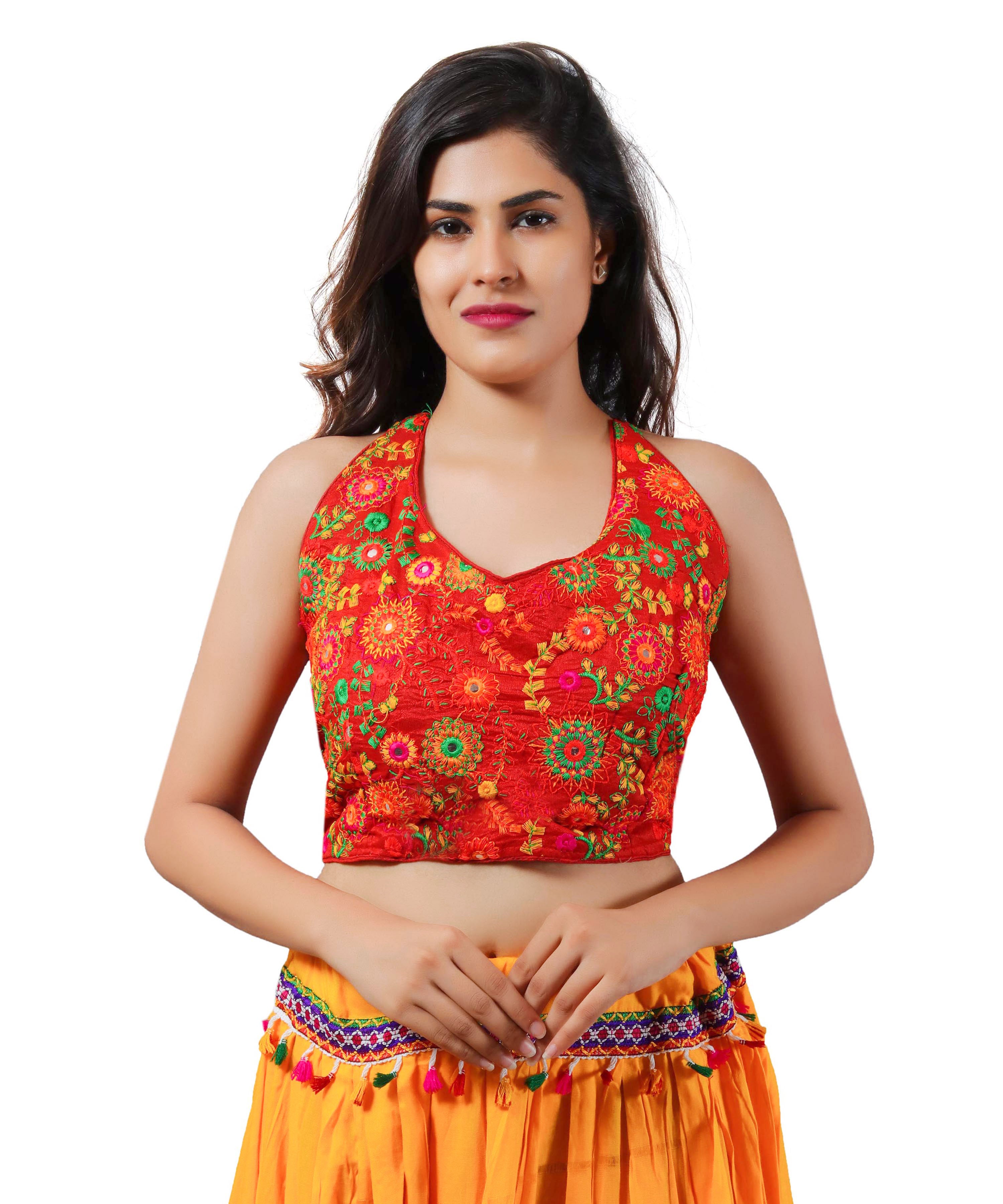 Embroidered Multicoloured Kutch Work Sleeveless Halter Blouse-Red