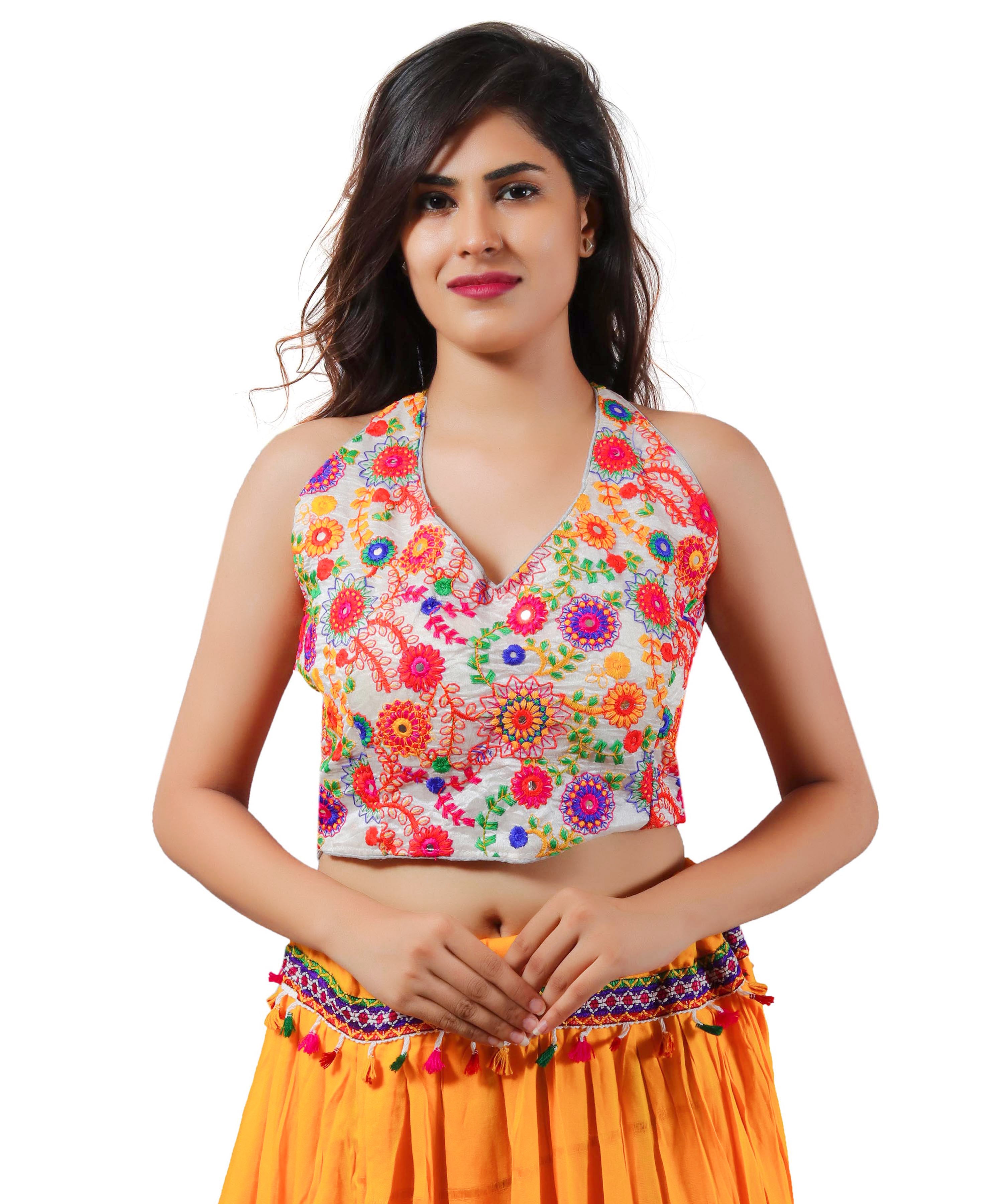 Embroidered Multicoloured Kutch Work Sleeveless Halter Blouse-White