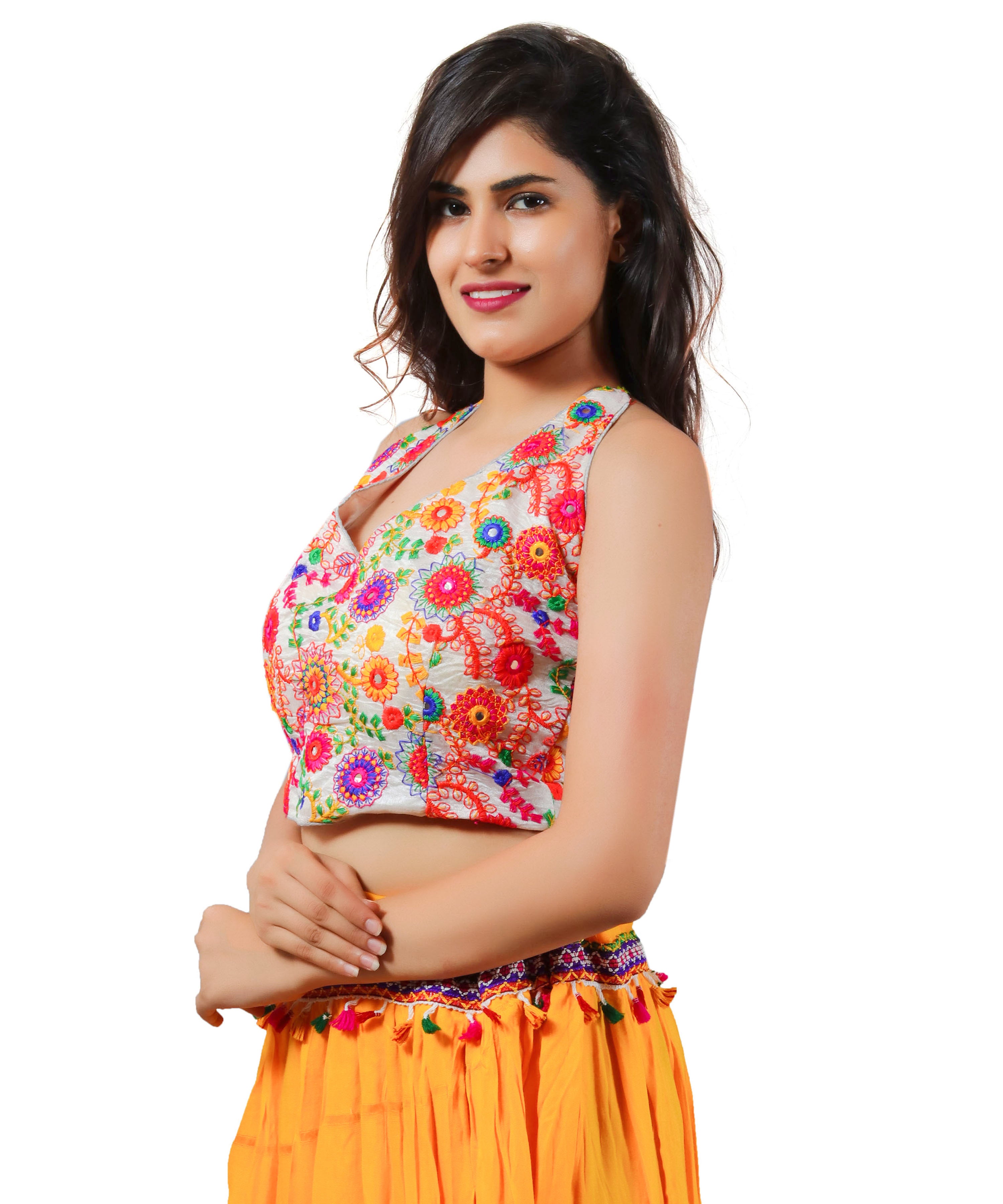 Embroidered Multicoloured Kutch Work Sleeveless Halter Blouse-White