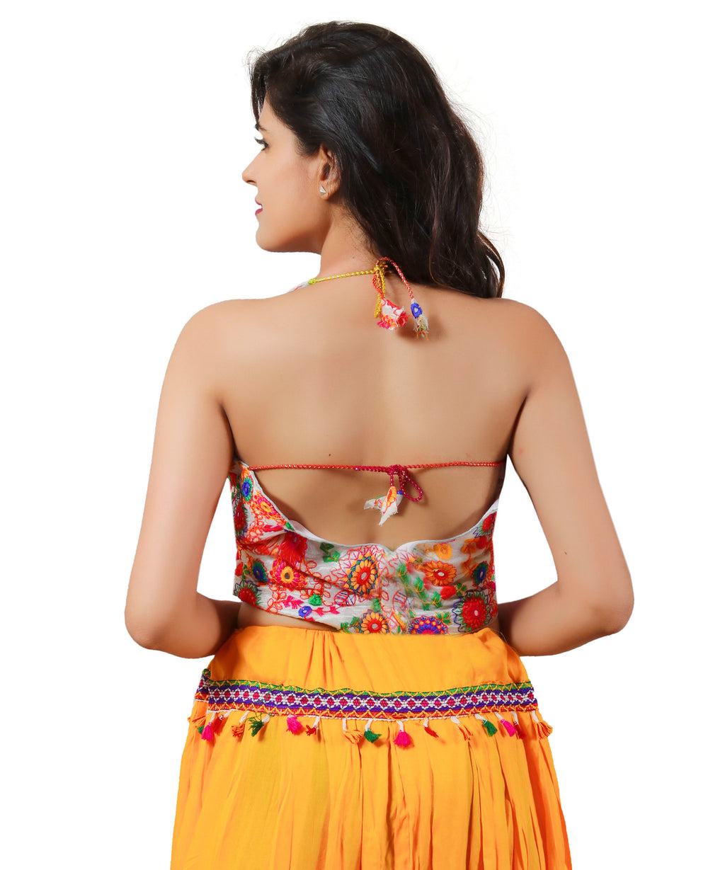 Embroidered Multicoloured Kutch Work Sleeveless Halter Blouse-White