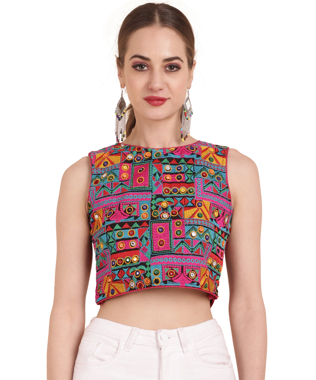 Banjara India Women's Cotton Blend Kutchi Embroidered Boat Neck Zipper Sleeveless Blouse