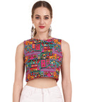 Banjara India Women's Cotton Blend Kutchi Embroidered Boat Neck Zipper Sleeveless Blouse