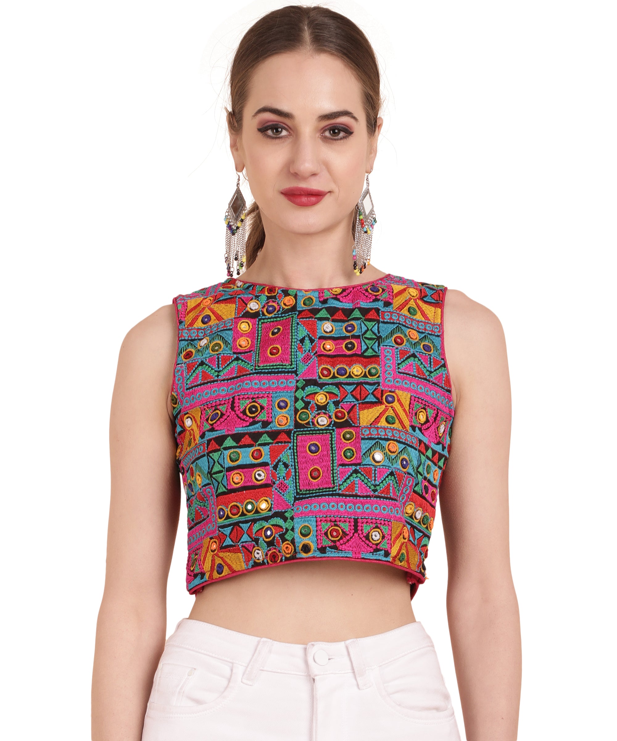 Banjara India Women's Cotton Blend Kutchi Embroidered Boat Neck Zipper Sleeveless Blouse