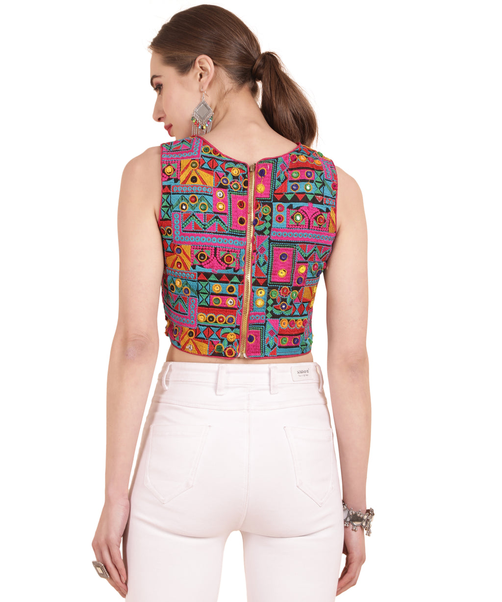 Banjara India Women's Cotton Blend Kutchi Embroidered Boat Neck Zipper Sleeveless Blouse