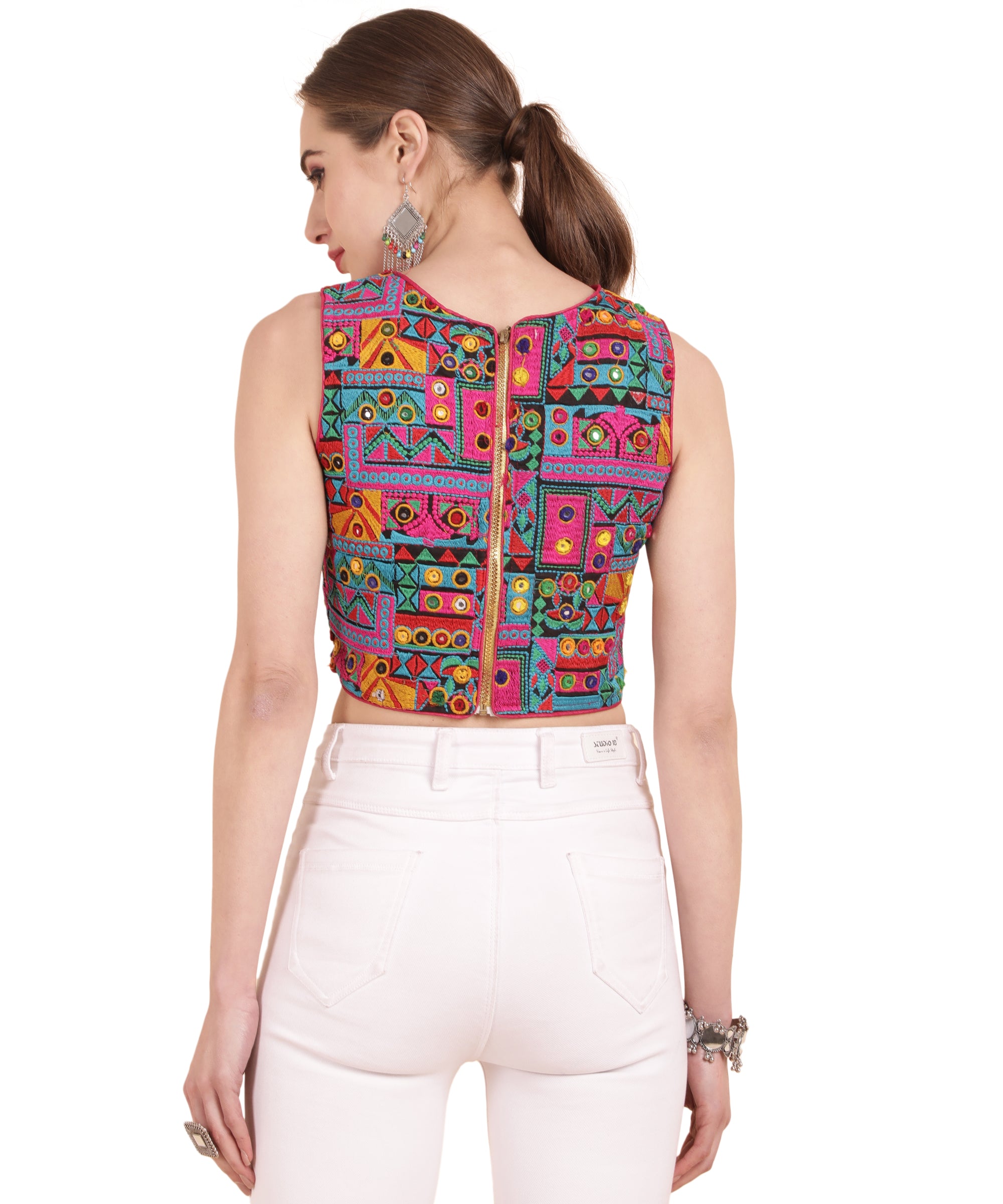 Banjara India Women's Cotton Blend Kutchi Embroidered Boat Neck Zipper Sleeveless Blouse