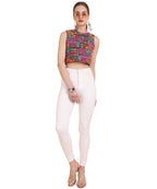 Banjara India Women's Cotton Blend Kutchi Embroidered Boat Neck Zipper Sleeveless Blouse