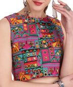 Banjara India Women's Cotton Blend Kutchi Embroidered Boat Neck Zipper Sleeveless Blouse