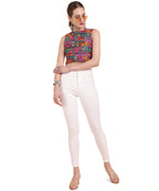 Banjara India Women's Cotton Blend Kutchi Embroidered Boat Neck Zipper Sleeveless Blouse
