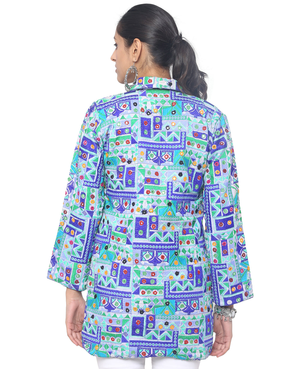Pre-Order: Kutch Work Embroidered Long Boho Style Blazer White