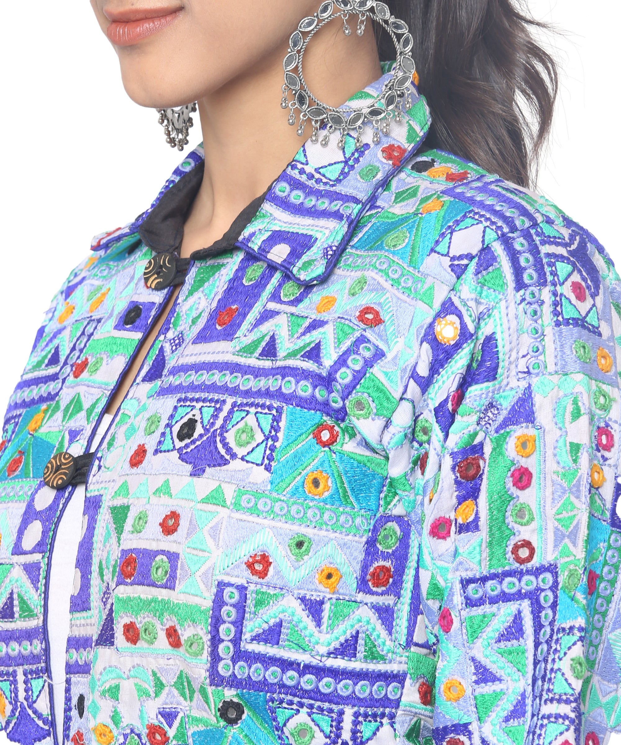 Pre-Order: Kutch Work Embroidered Long Boho Style Blazer White