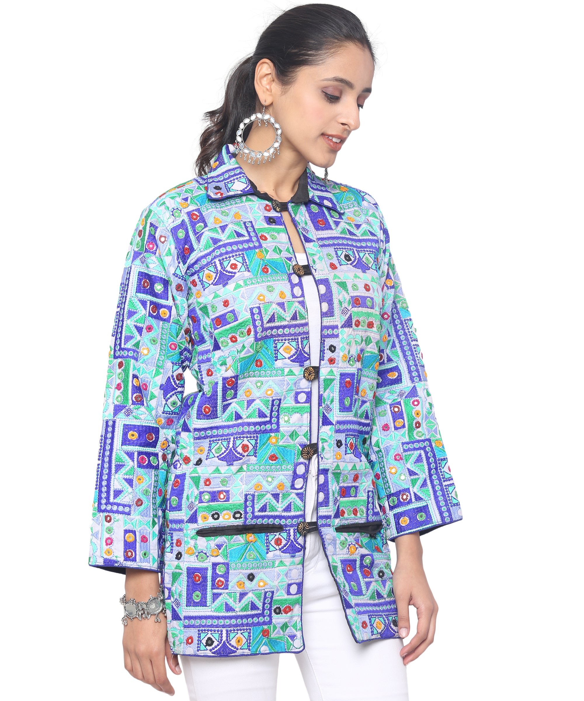 Pre-Order: Kutch Work Embroidered Long Boho Style Blazer White