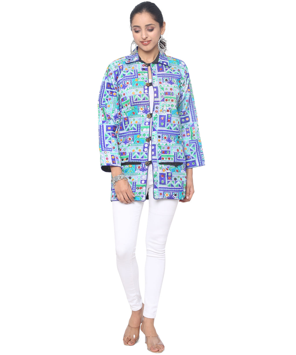 Pre-Order: Kutch Work Embroidered Long Boho Style Blazer White