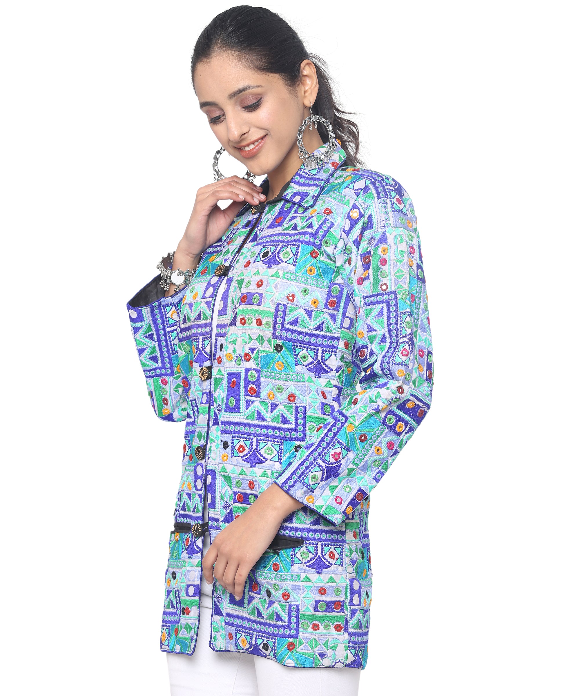 Pre-Order: Kutch Work Embroidered Long Boho Style Blazer White