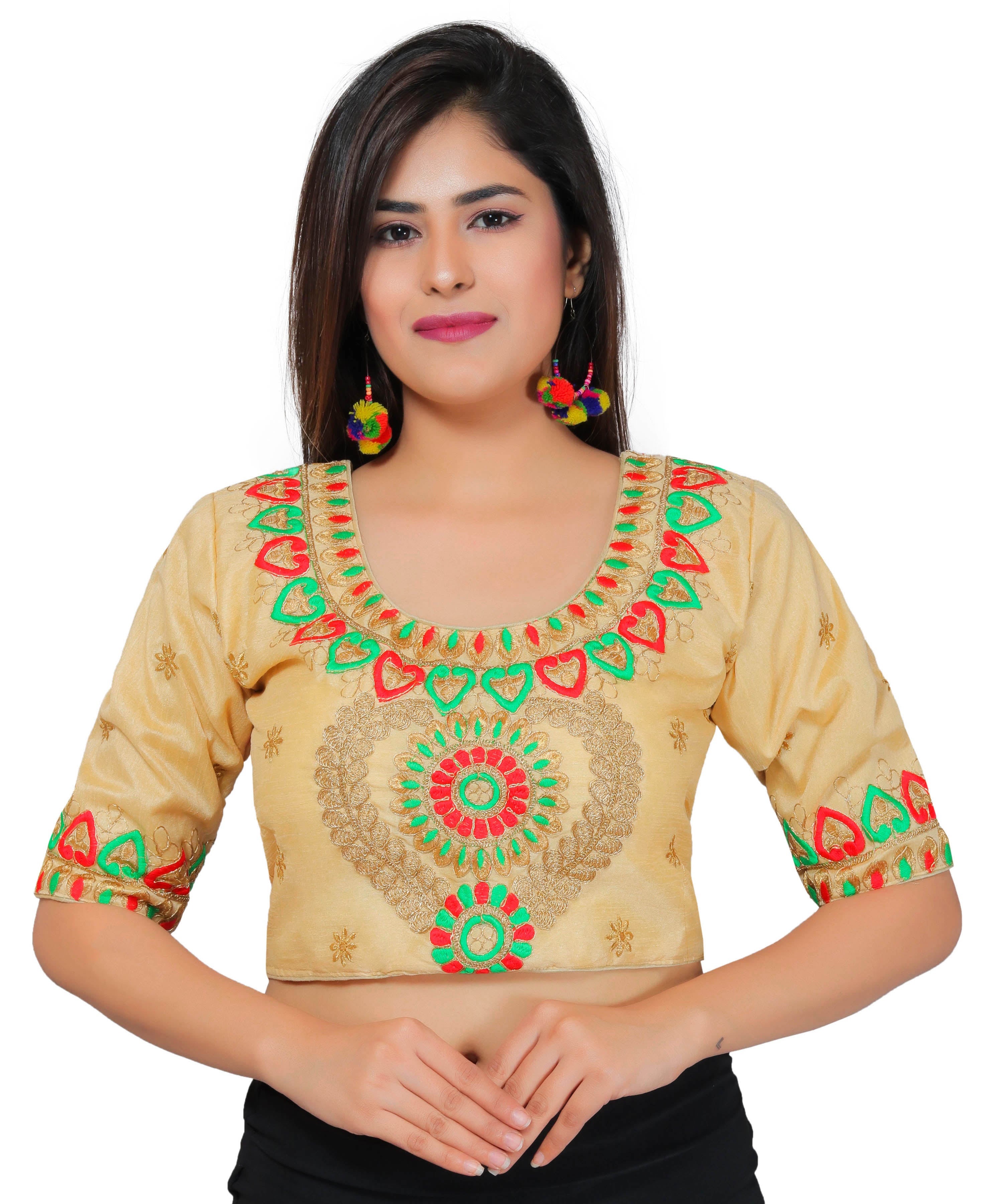Dupion Silk Aari Embroidered Half Sleeves Kutchi Blouse-Beige