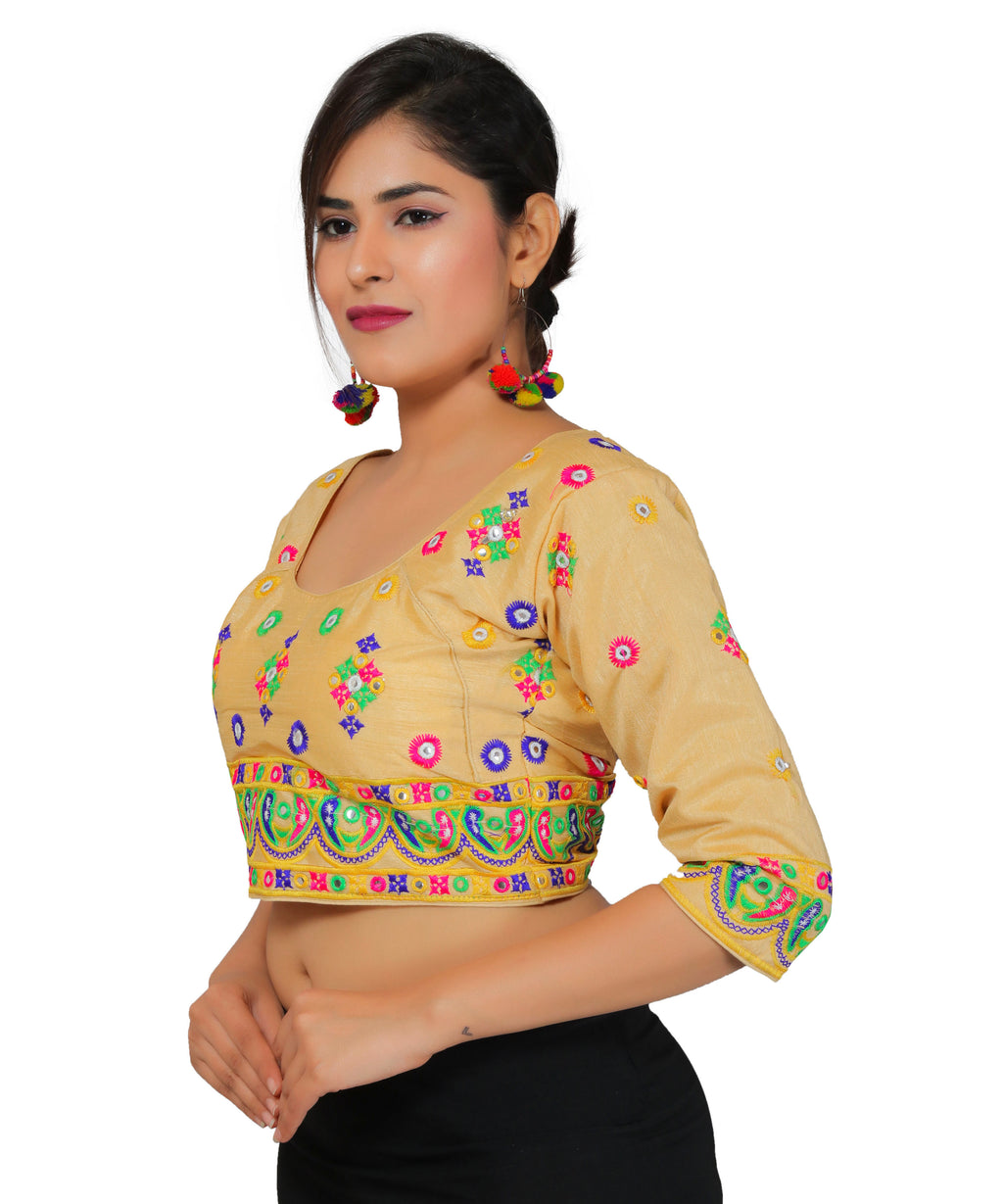 Dupion Silk Multicoloured Aari Embroidered Half Sleeves Kutchi Blouse-Biege