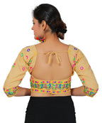 Dupion Silk Multicoloured Aari Embroidered Half Sleeves Kutchi Blouse-Biege