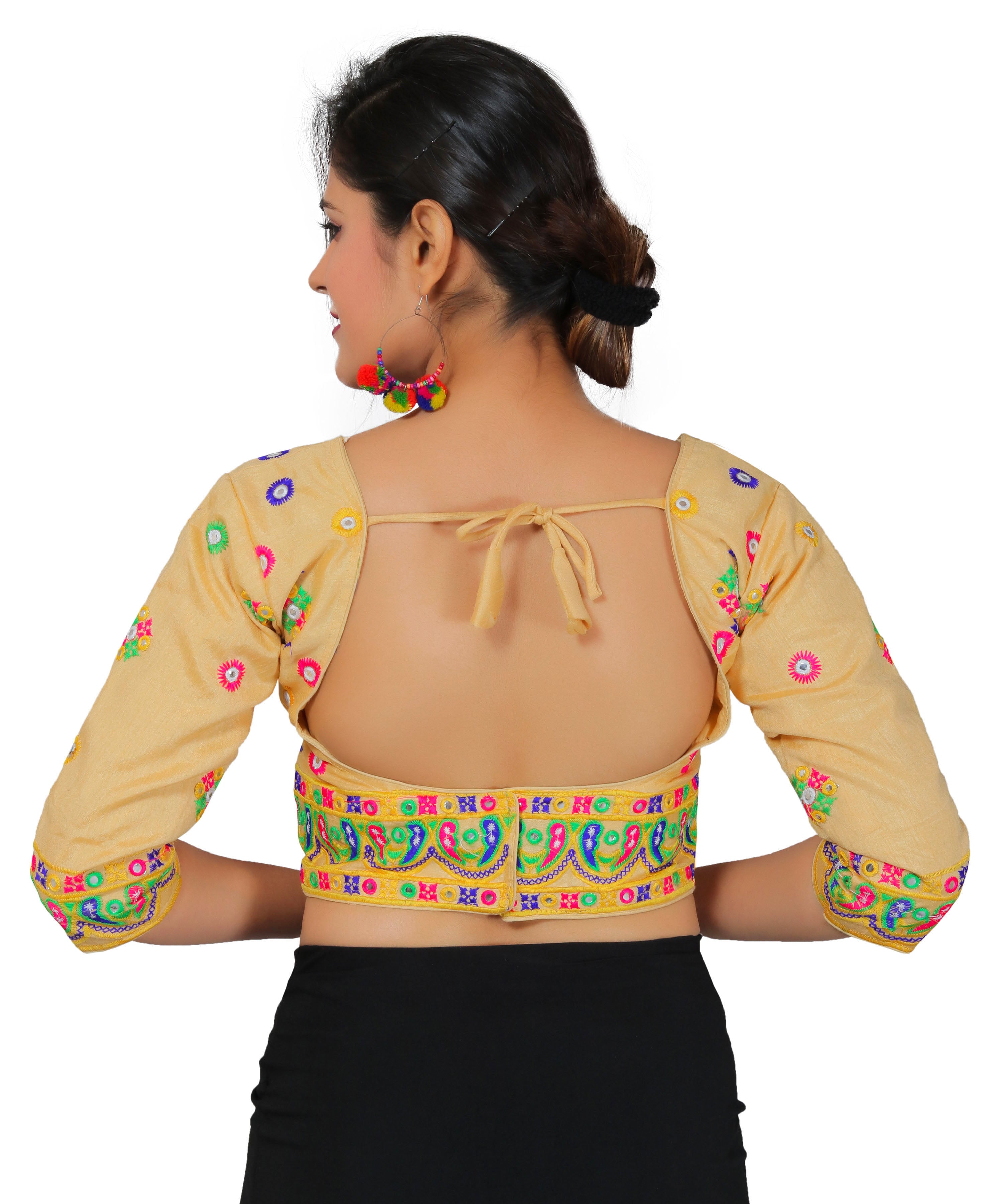 Dupion Silk Multicoloured Aari Embroidered Half Sleeves Kutchi Blouse-Biege