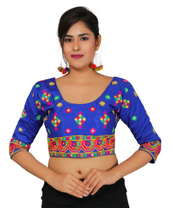 Dupion Silk Multicoloured Aari Embroidered Half Sleeves Kutchi Blouse-Blue